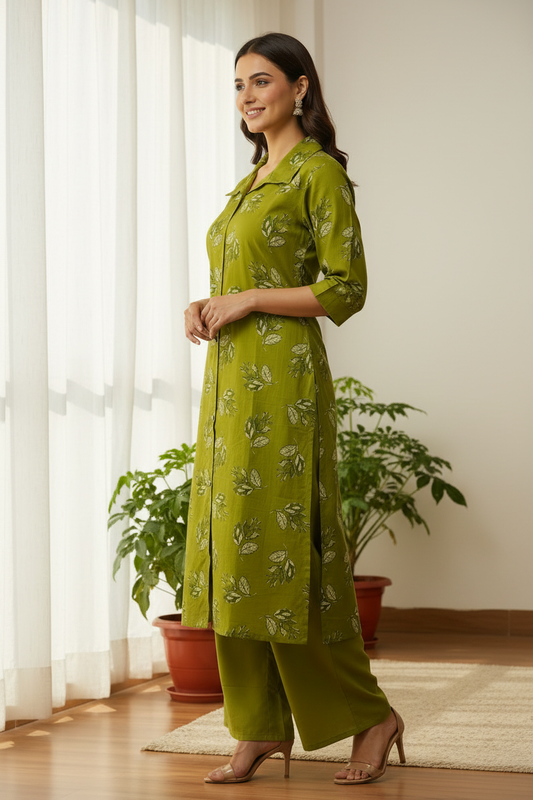 Olive Green Kurta Set - Lifestyle Side View