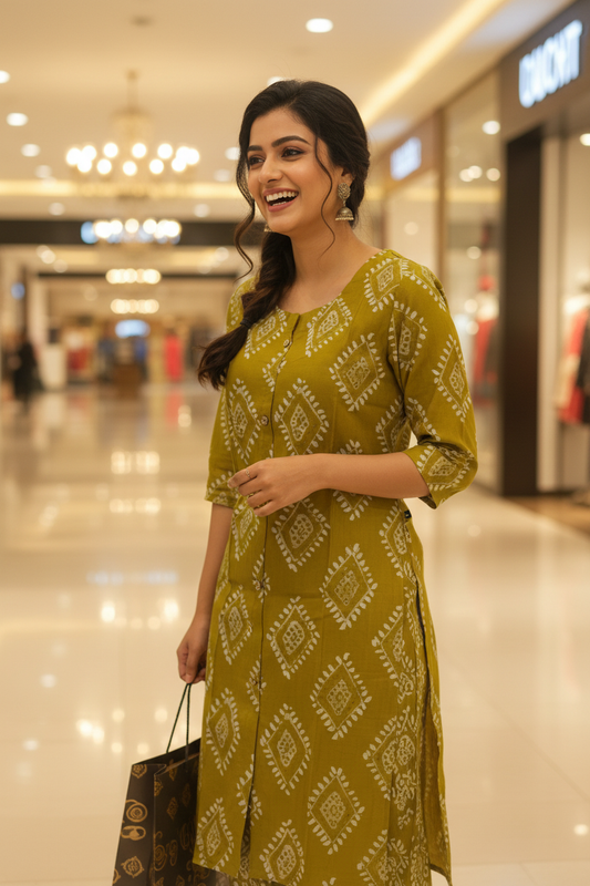 Women Olive Bloom Diamond Print Kurta Co-ord Set