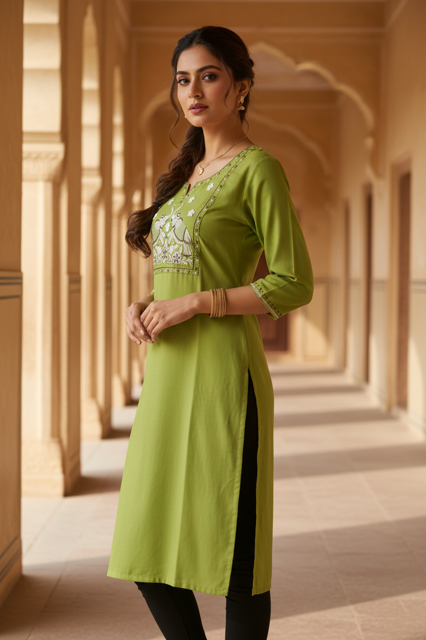 Olive Green Kurta with Leggings - Side View