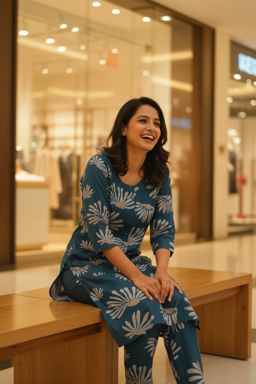Peacock Teal Fan Bloom Straight Kurta Co-ord Set