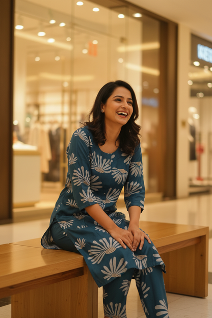 Peacock Teal Fan Bloom Straight Kurta Co-ord Set