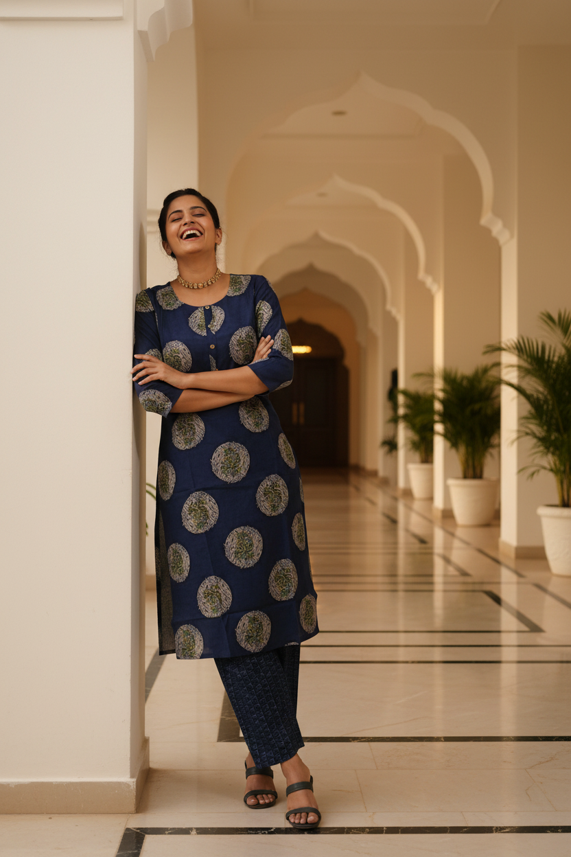 Women Navy Blue Medallion Block Print Straight Kurta Set