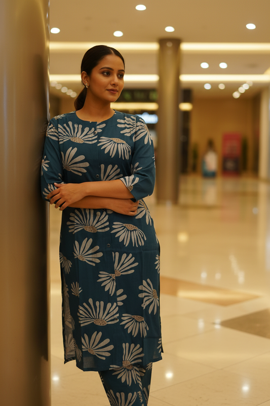 Peacock Teal Fan Bloom Straight Kurta Co-ord Set