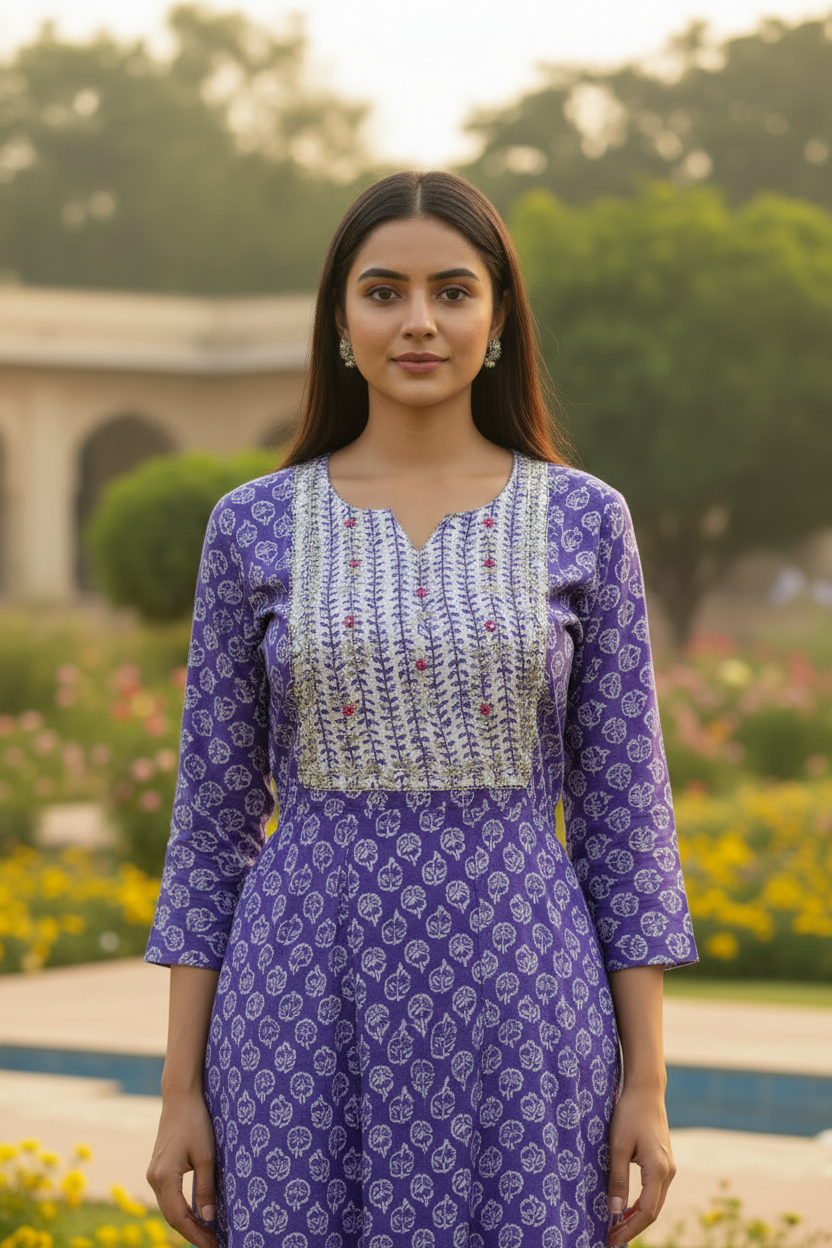 Purple Floral Block Print Kurta – Close Up Detail