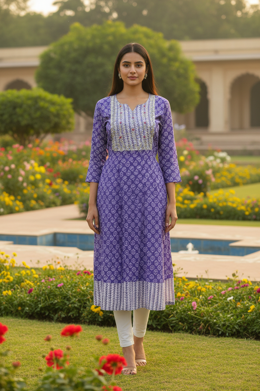Purple Floral Block Print Kurta – Lifestyle Model