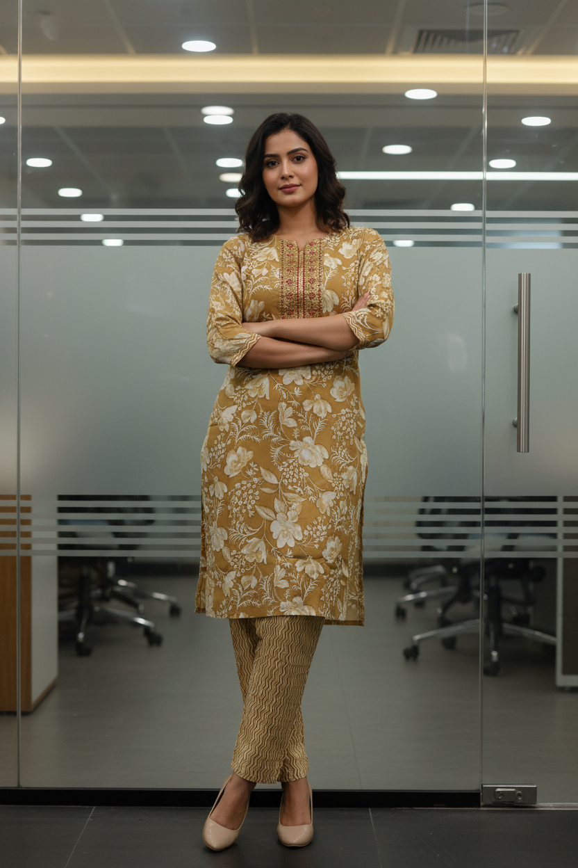 Women Mustard Floral Print Kurta Co-ord Set