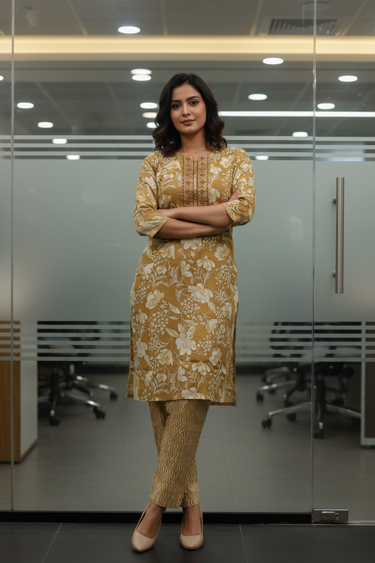 Women Mustard Floral Print Kurta Co-ord Set