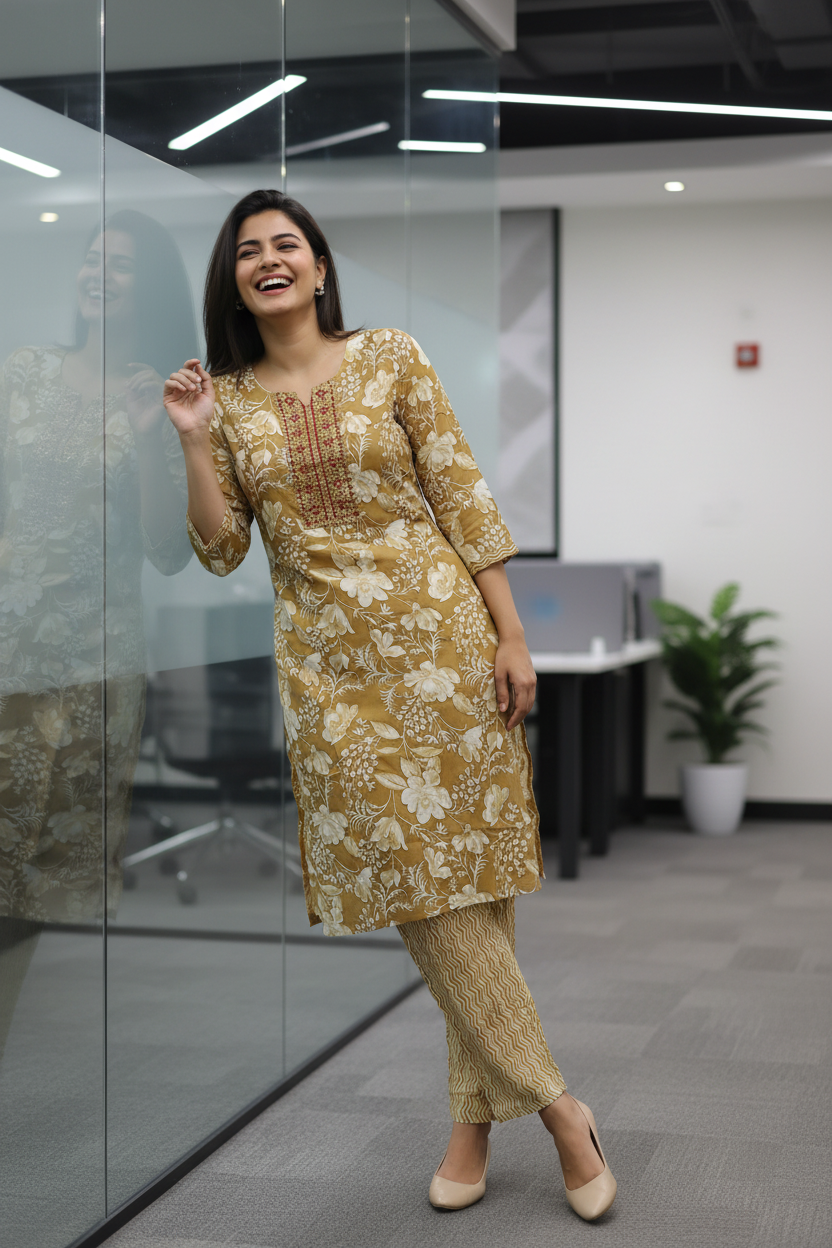 Women Mustard Floral Print Kurta Co-ord Set