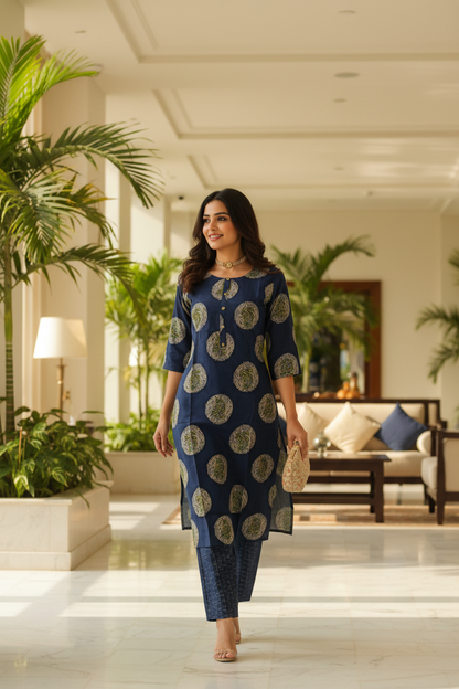 Women Navy Blue Medallion Block Print Straight Kurta Set