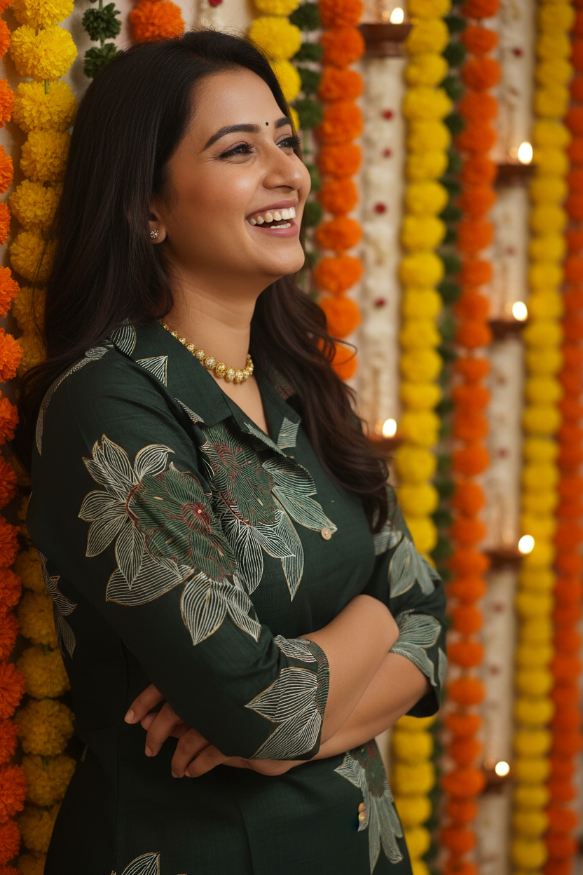 Women Green Lotus Print Straight Kurta Set