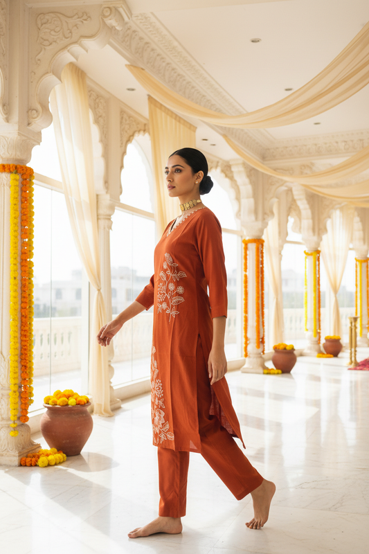 Women Rust Floral Embroidered V-Neck Kurta with Straight Pants