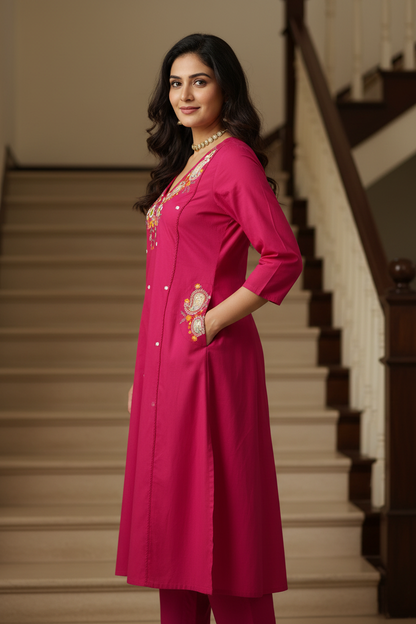 Women Rani Pink Embroidered Kurta Pant Dupatta Set