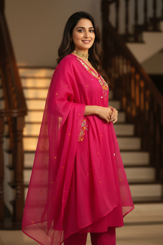 Women Rani Pink Embroidered Kurta Pant Dupatta Set