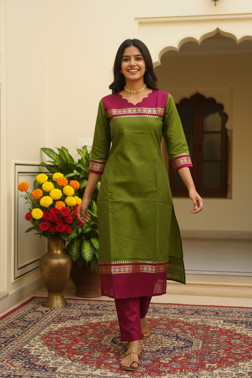 Women's Mehndi Green & Magenta Pure Cotton Kurta Set with Zari Border