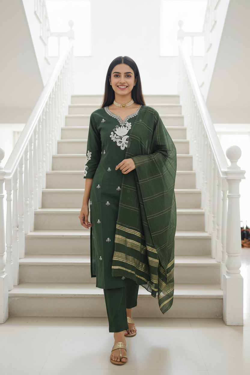 Women's Green Lotus Embroidered Kurta Pant Set with Zari Dupatta