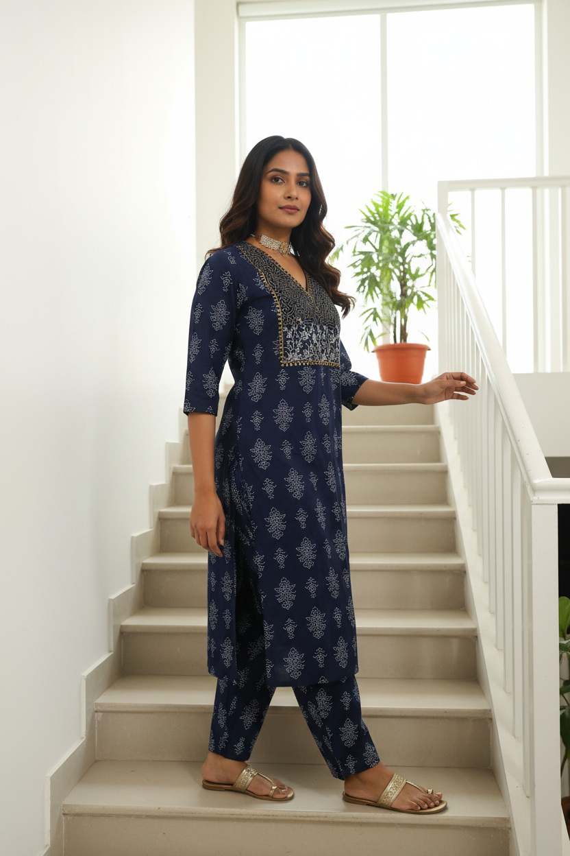 Women's Navy Blue Printed Straight Kurta with Pant Set