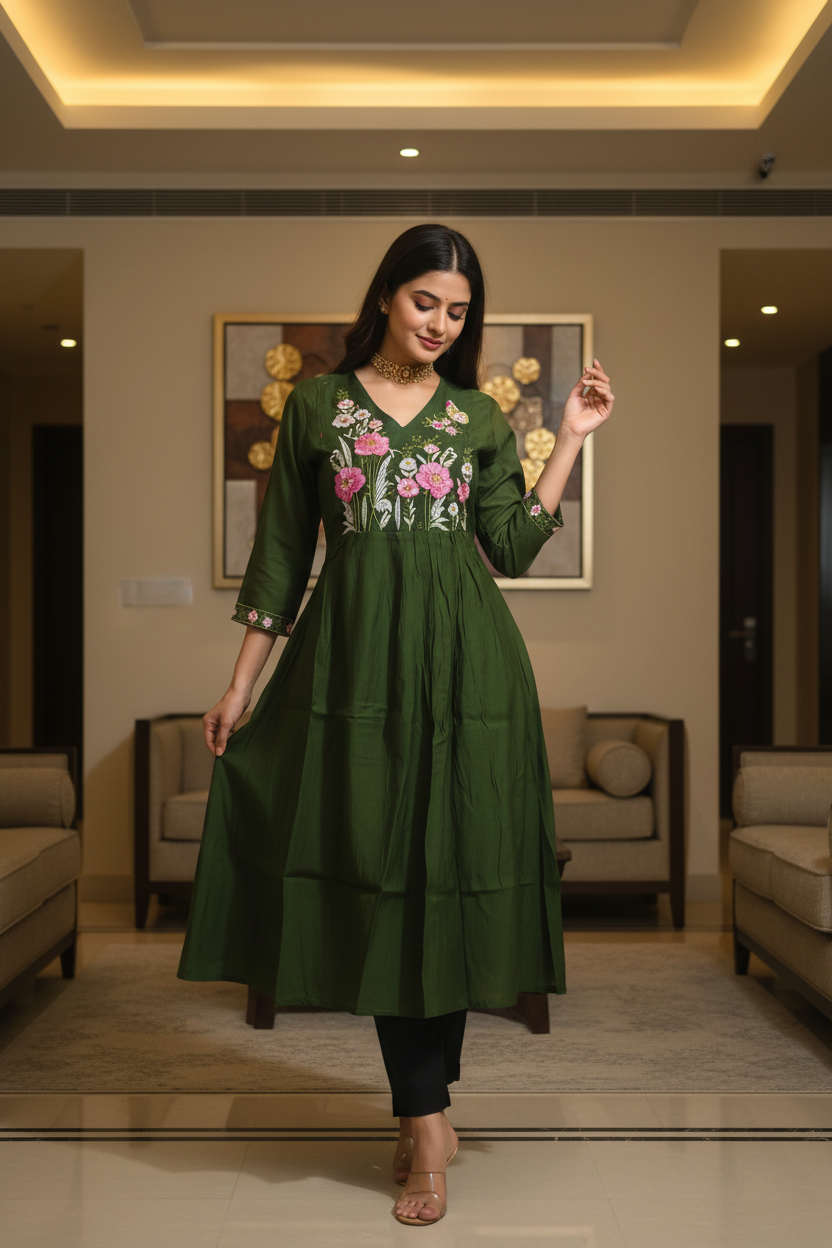 Women's V-Neck Flared Kurta Set with Floral Yoke Embroidery
