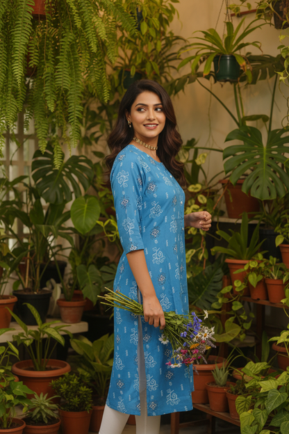 Women's SkyBlue Floral Block Print Straight Kurta