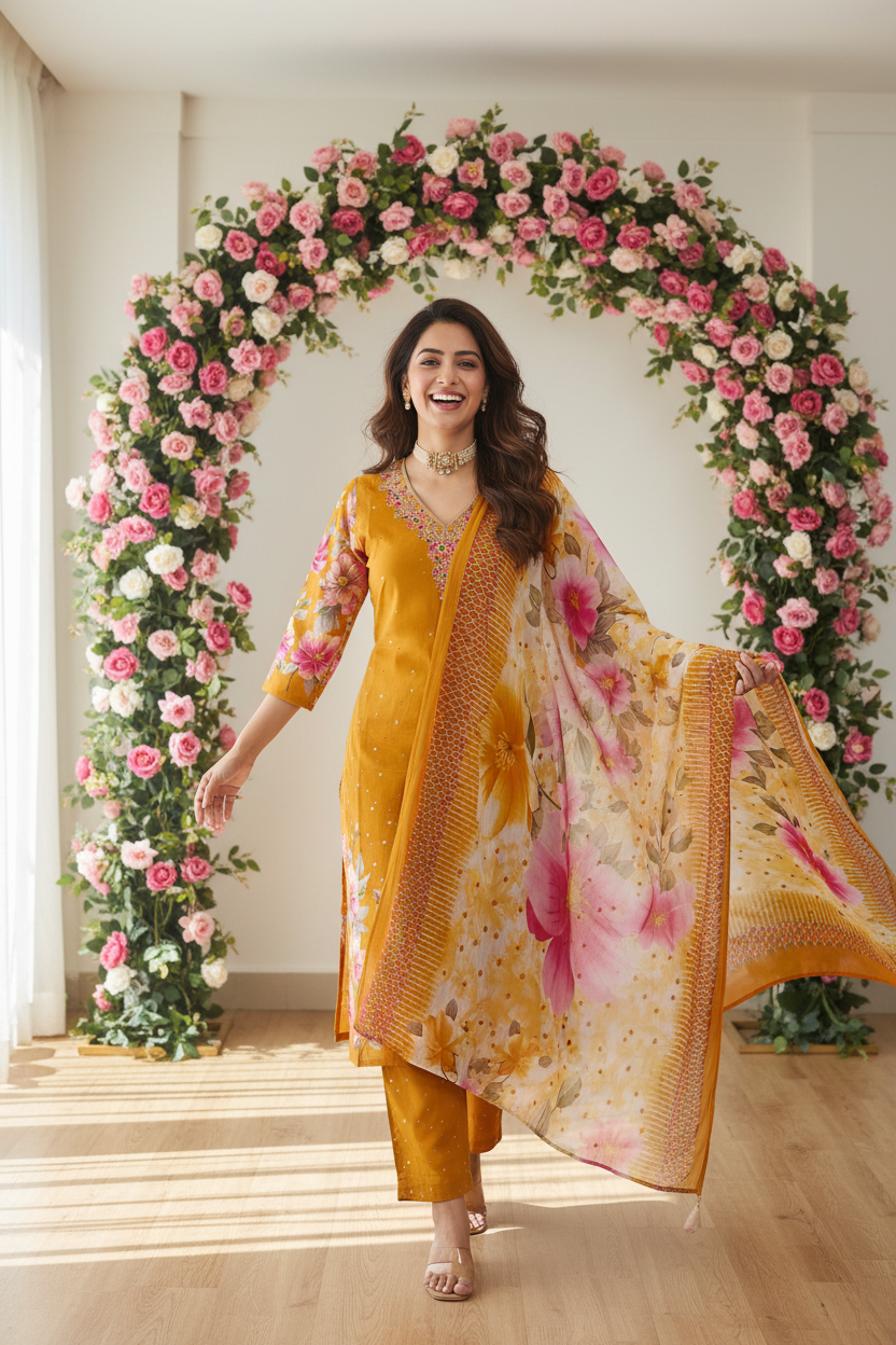 Women's Yellow Floral Print Kurta Co-ord Set with Floral Organza Dupatta