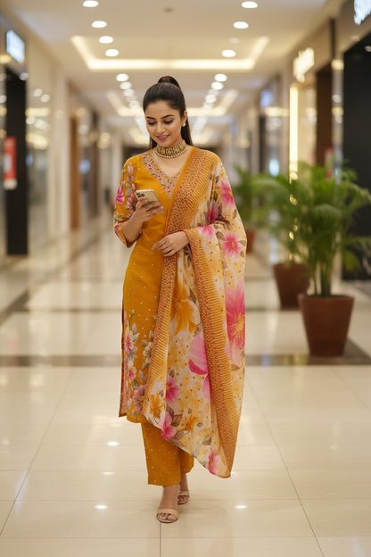 Women's Yellow Floral Print Kurta Co-ord Set with Floral Organza Dupatta