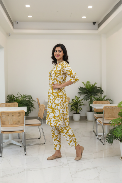 Women's Mustard Floral Block Print Kurta Co-ord Set