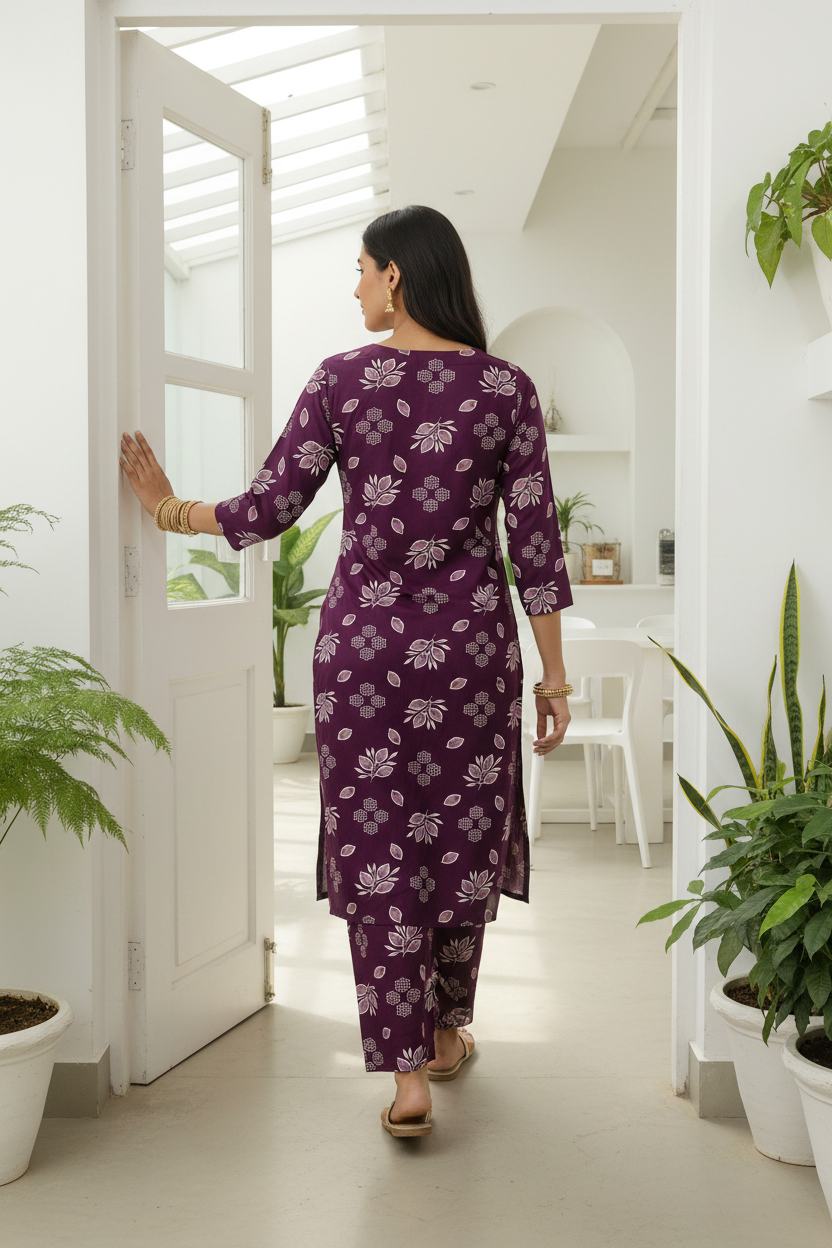 Women Deep Plum Floral Block Print Kurta Pant Set