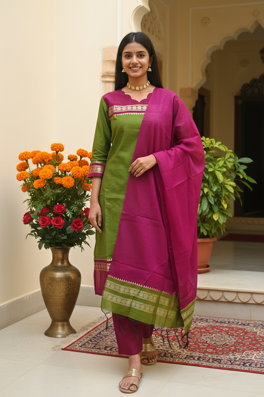 Women's Mehndi Green & Magenta Pure Cotton Kurta Set with Zari Border