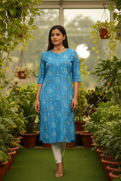 Women's SkyBlue Floral Block Print Straight Kurta
