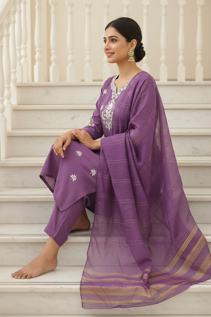 Women's Purple Embroidered Kurta Pant Set with Zari Dupatta