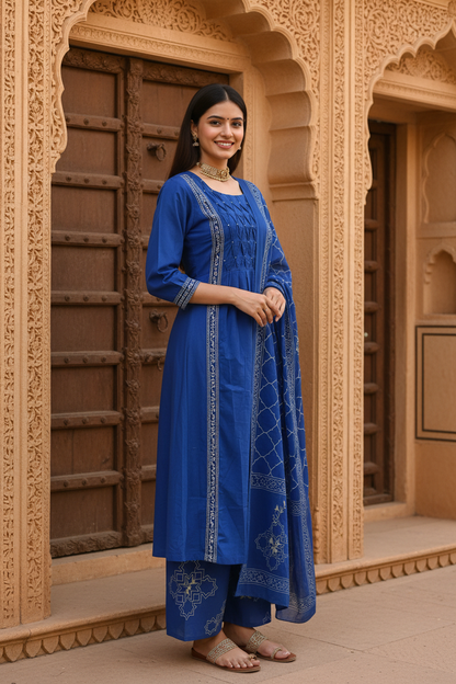 Women's Neel Bahar Royal Blue Kurta Palazzo Set with Printed Dupatta