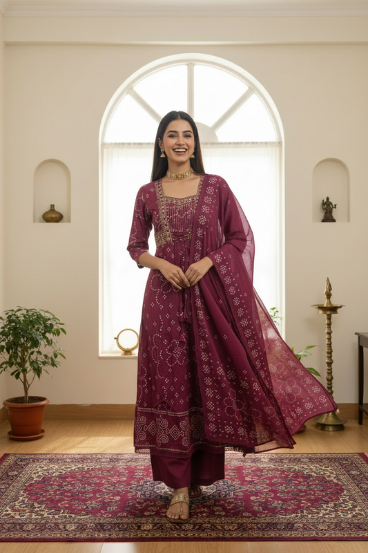 Women's Deep Wine Bandhani Print Anarkali Kurta with Zari Embroidery, Palazzo & Organza Dupatta