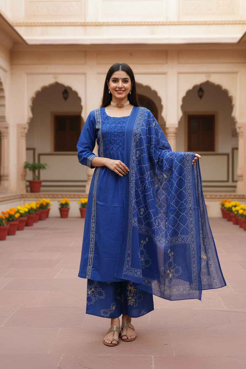 Women's Neel Bahar Royal Blue Kurta Palazzo Set with Printed Dupatta