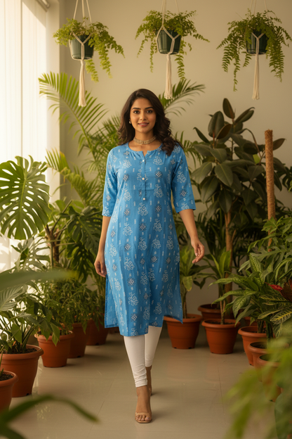 Women's SkyBlue Floral Block Print Straight Kurta