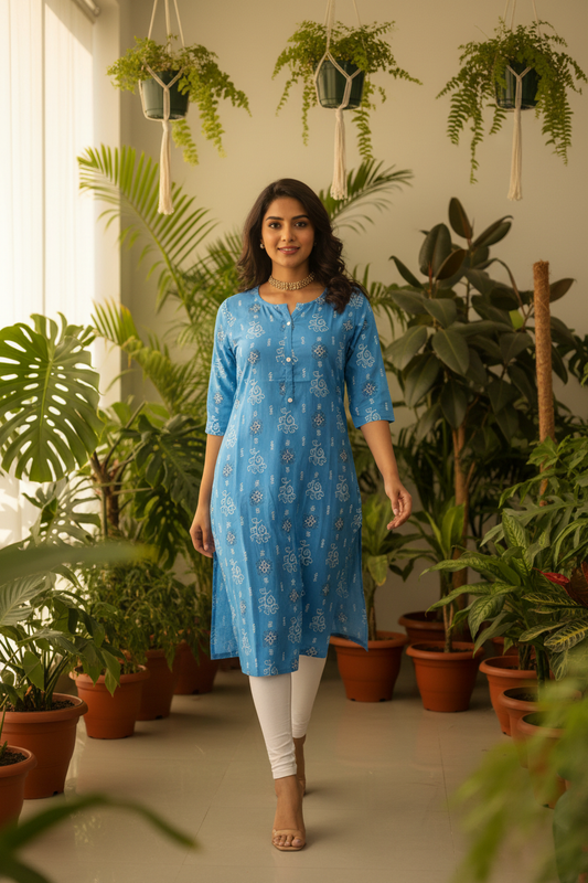 Women's SkyBlue Floral Block Print Straight Kurta