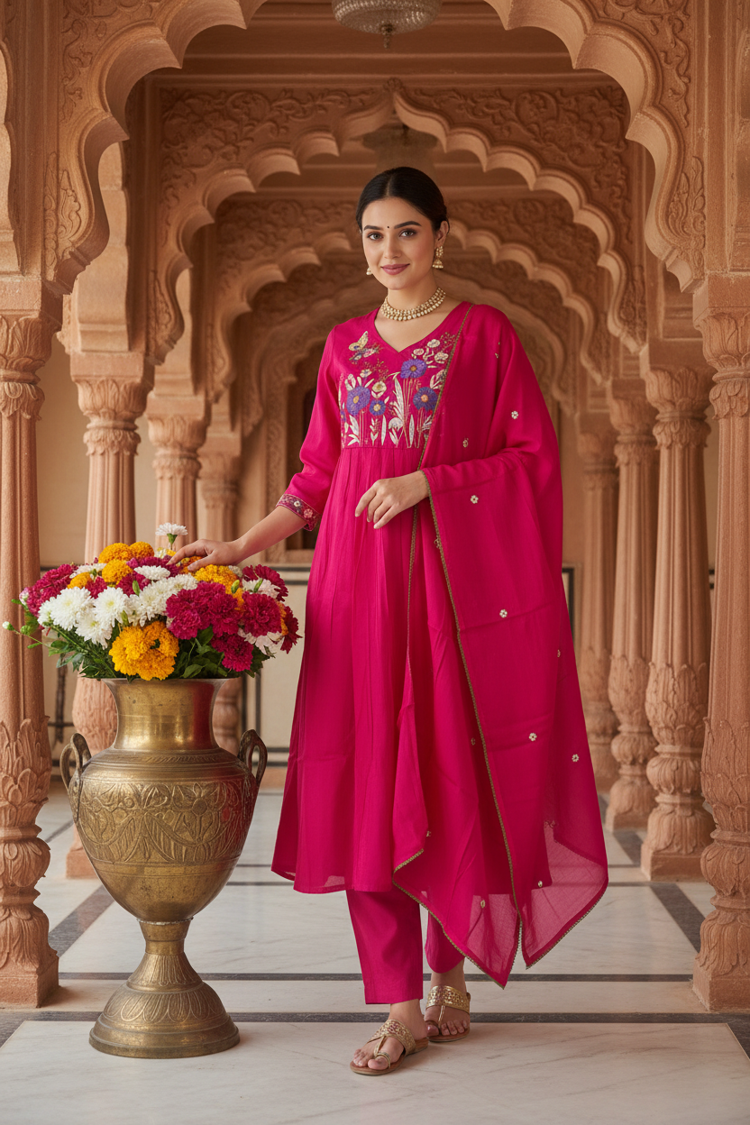 Women's V-Neck Flared Kurta Set with Floral Yoke Embroidery