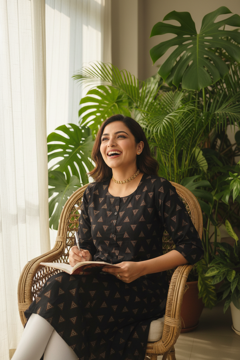 Women's Black Geometric Triangle Print Straight Kurta