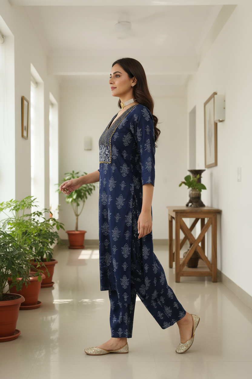 Women's Navy Blue Printed Straight Kurta with Pant Set