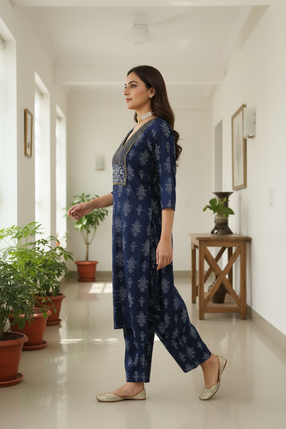 Women's Navy Blue Printed Straight Kurta with Pant Set
