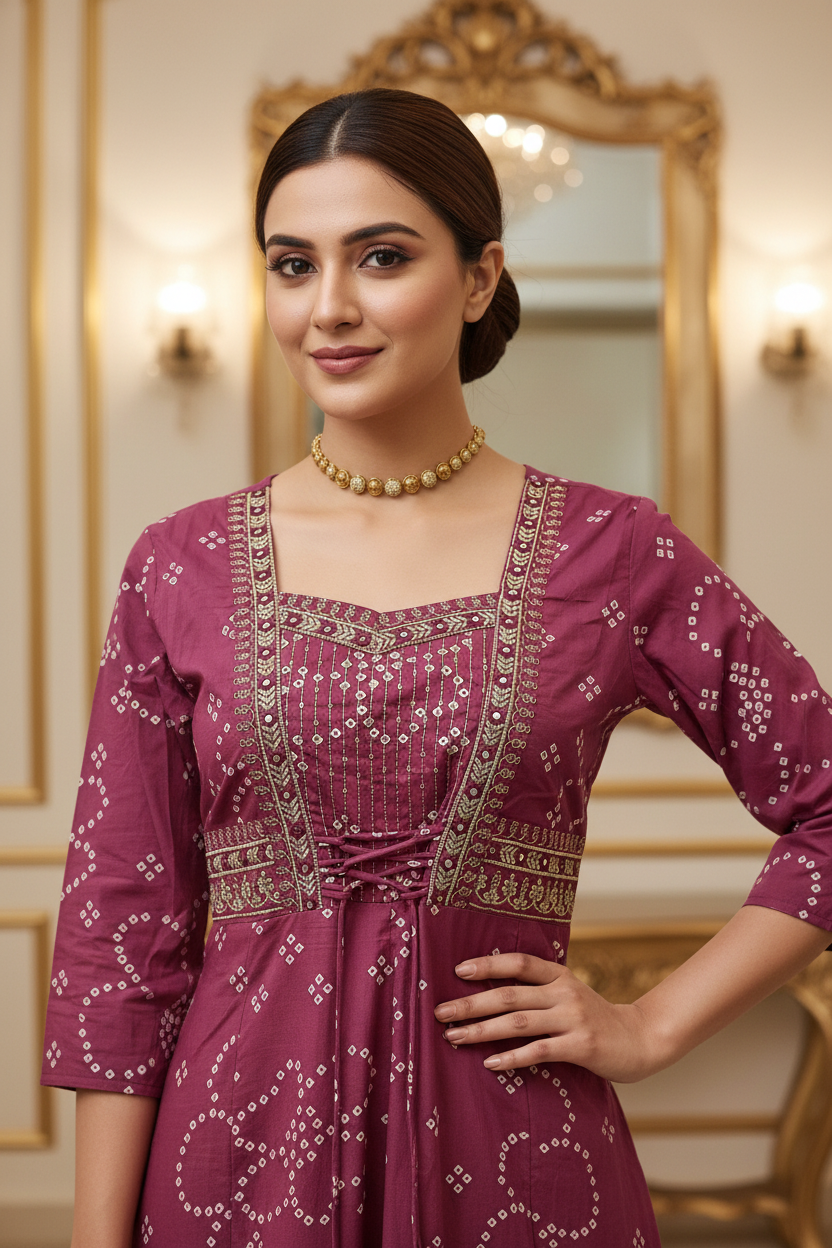 Women's Deep Wine Bandhani Print Anarkali Kurta with Zari Embroidery, Palazzo & Organza Dupatta