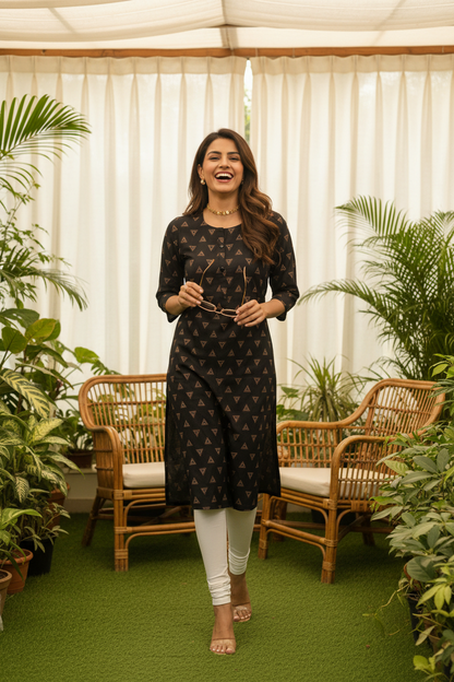 Women's Black Geometric Triangle Print Straight Kurta