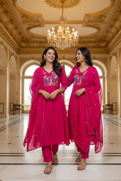 Women's V-Neck Flared Kurta Set with Floral Yoke Embroidery