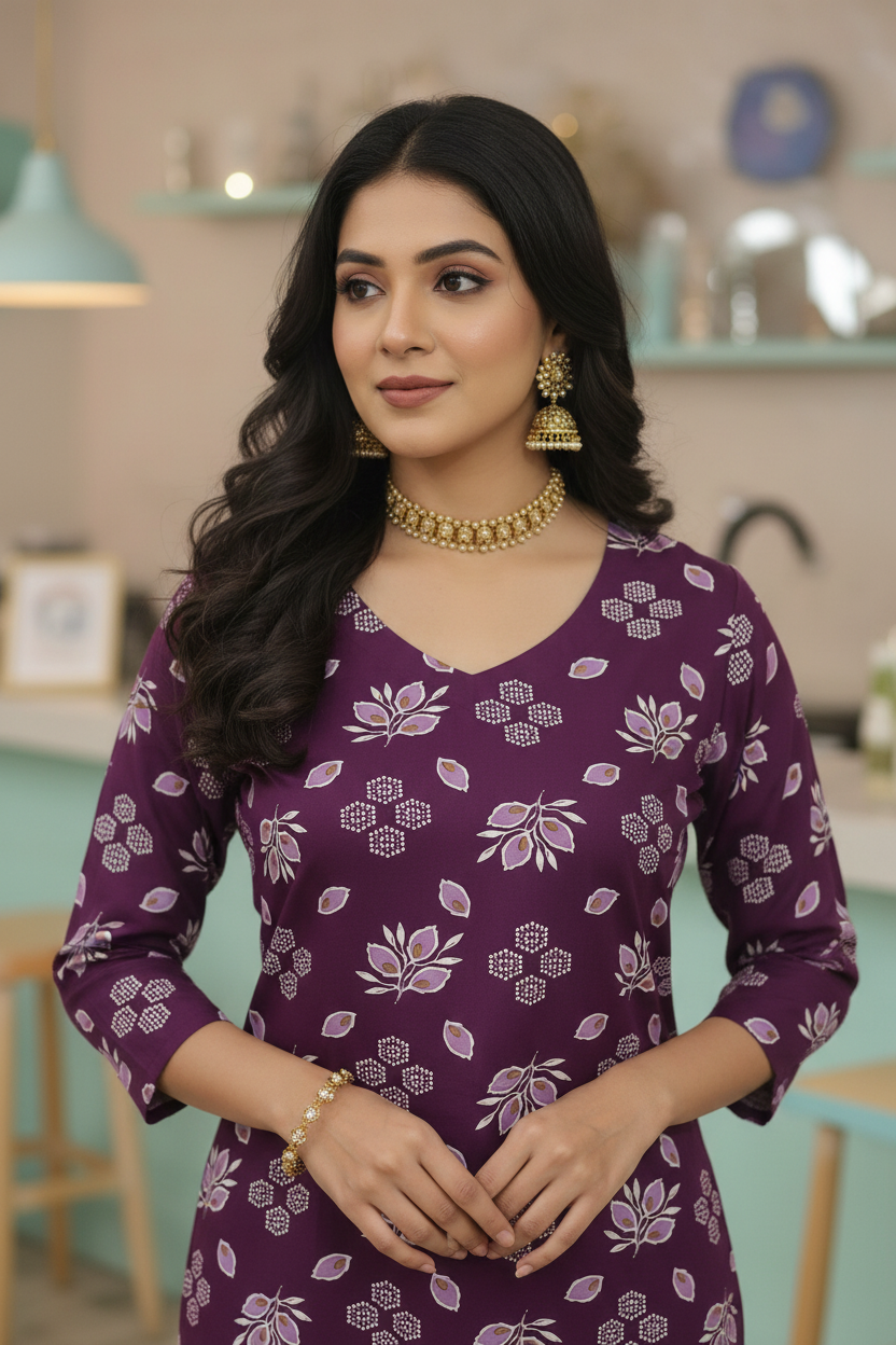 Women Deep Plum Floral Block Print Kurta Pant Set