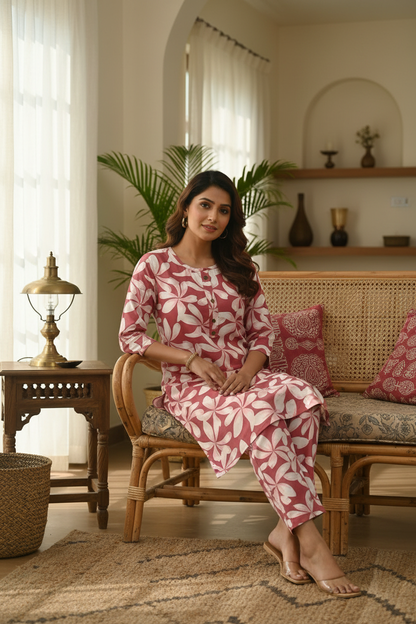 Women's Dusty Rose Pink Print Kurta Co-ord Set