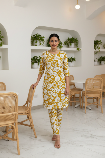 Women's Mustard Floral Block Print Kurta Co-ord Set