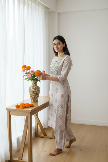 Women's Chikoo Printed Kurta Set with Embroidered Yoke