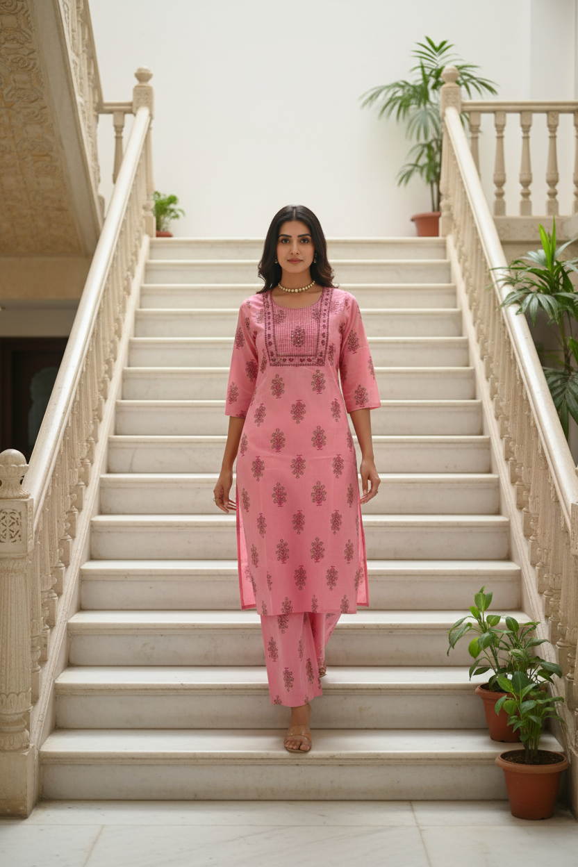 Women's Pink Kurta with Matching Palazzo Pant