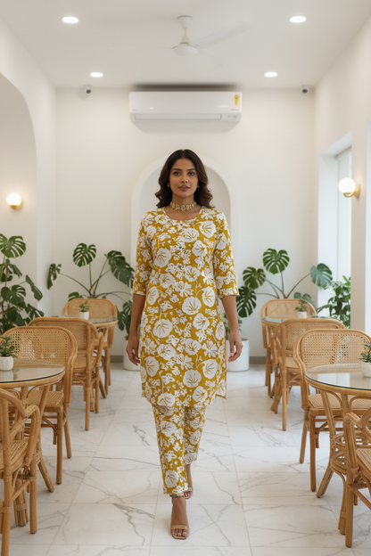Women's Mustard Floral Block Print Kurta Co-ord Set