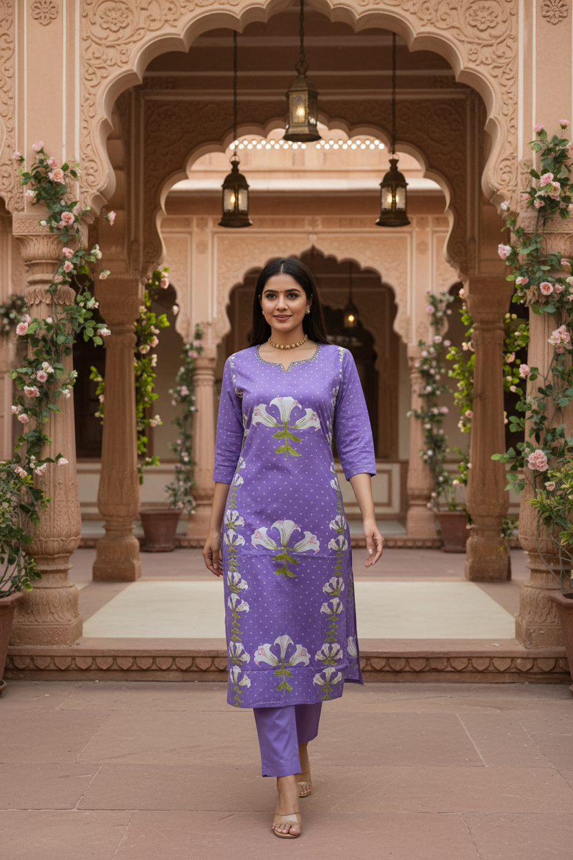 Women's Lavender Lily Bloom Kurta Co-ord Set with Dupatta