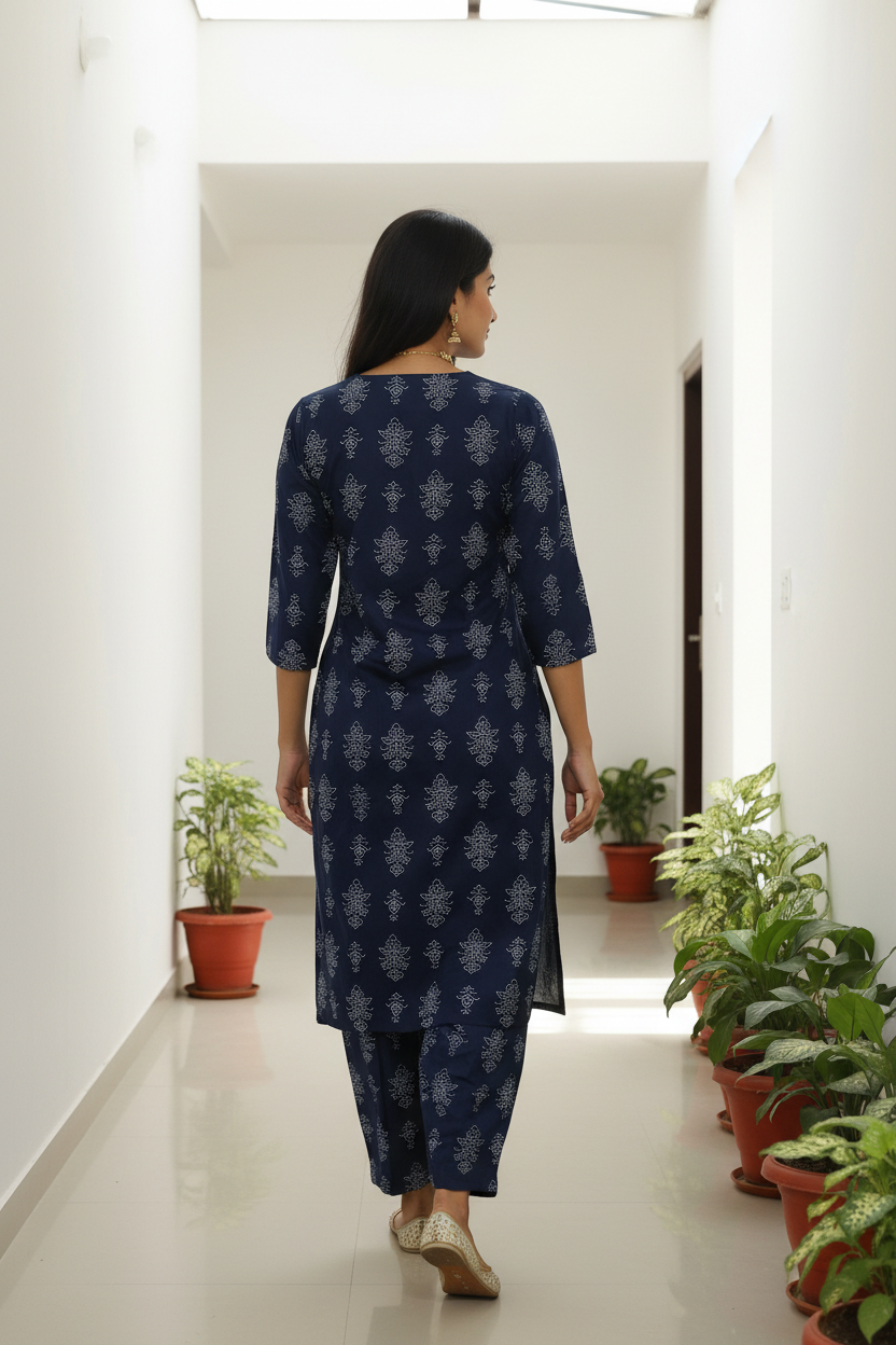 Women's Navy Blue Printed Straight Kurta with Pant Set