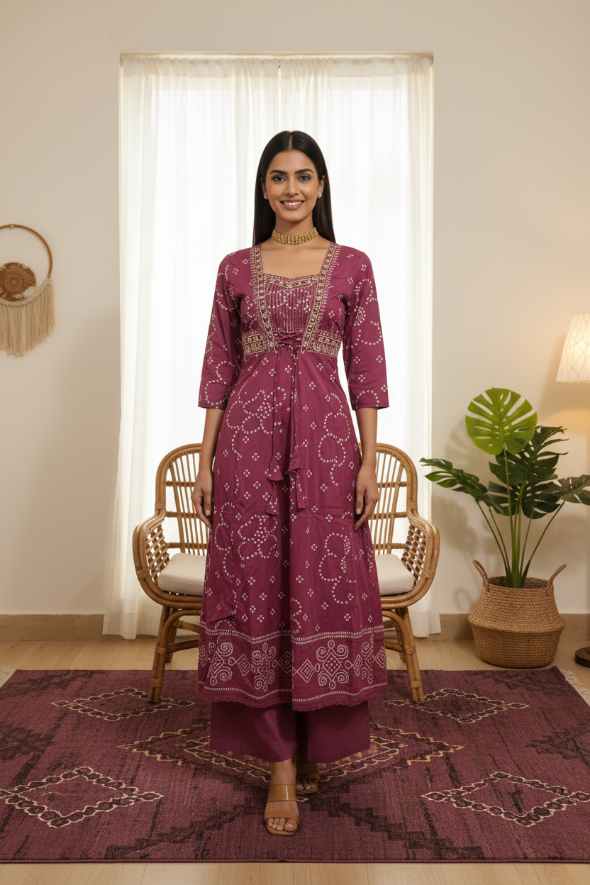 Women's Deep Wine Bandhani Print Anarkali Kurta with Zari Embroidery, Palazzo & Organza Dupatta